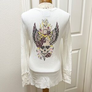 Vtg Ankh Royalty White L/S Thermal Henley Top w/Skull, Wings, Rhinestones - XL